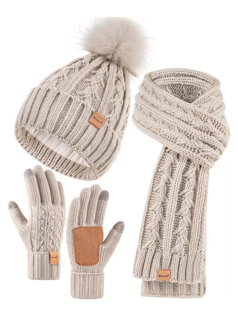 Womens Fleece Lined Beanie Scarf Gloves Set Acrylic Knit Pom Pom Touchscreen